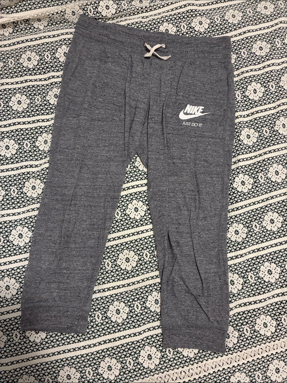 Nike Cropped Gray Heather Joggers with White Logo